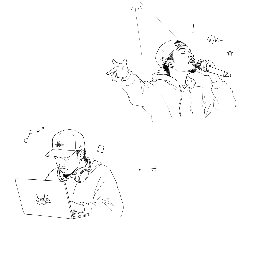 Hand-drawn sketch: operator at a laptop on the left, hip-hop MC mid-verse on the right.